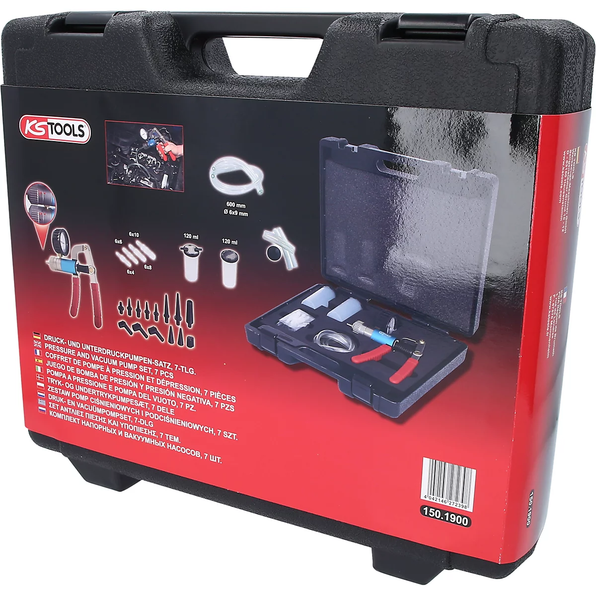 Schwarzer Werkzeugkoffer, halb geöffnet. Zahlreiches Werkzeug wie Zangen, Messgeräte und Behälter sind zu sehen. Auf der Verpackung steht KS TOOLS.